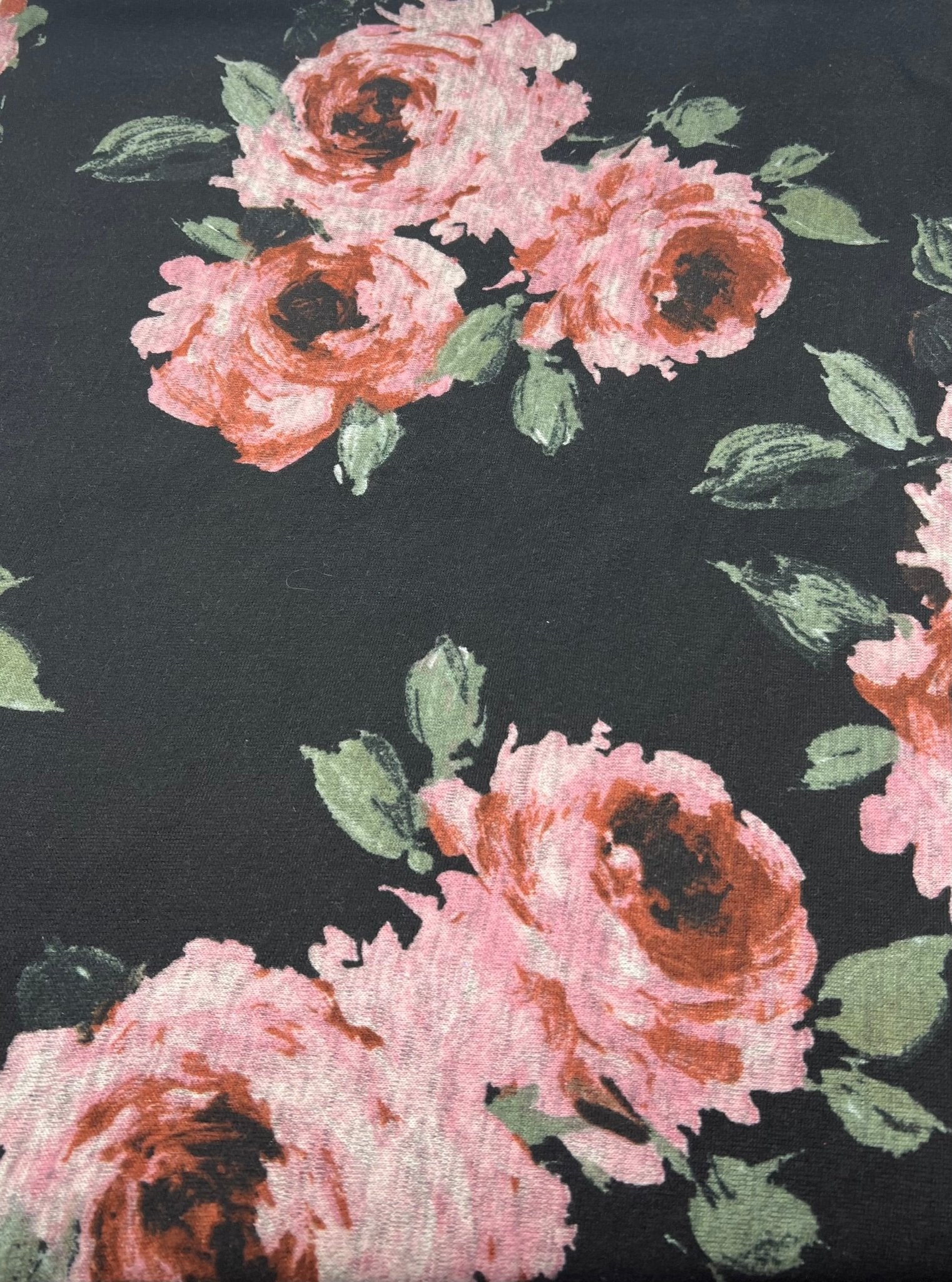 Black Pink Rose Floral Melange Knit Stretch Fabric - T9 Fabrics